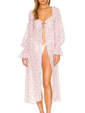 Tularosa Pale Pink Floral Tie-Front Long Robe